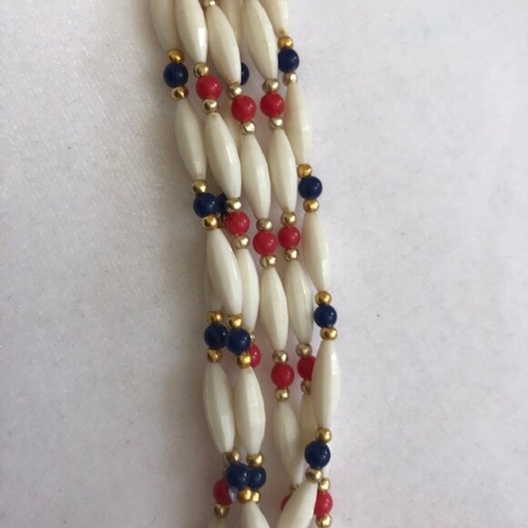 HONG KONG Red White Blue Lucite Bead 6 Strand Vintage Necklace - Picture 7 of 15